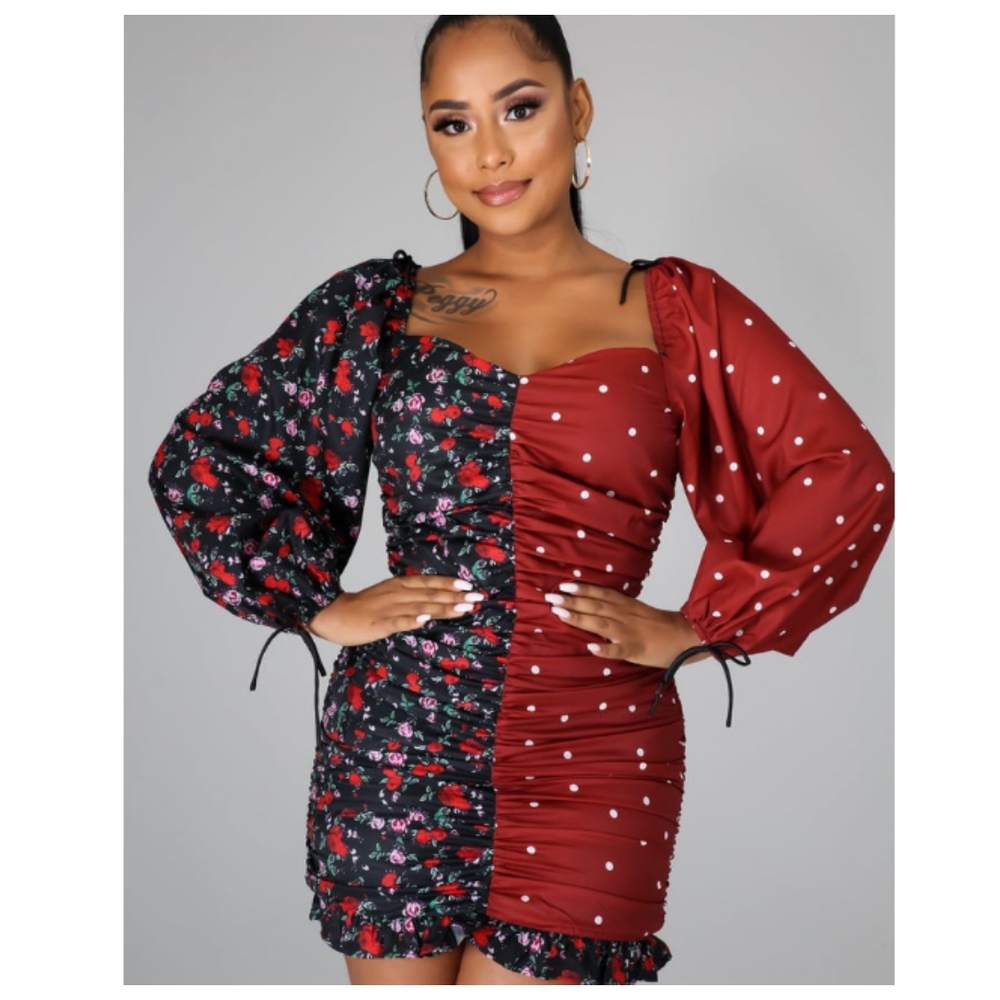 Latiste Mini Floral and Polka Dot Ruched Dress Two Tone DRESS